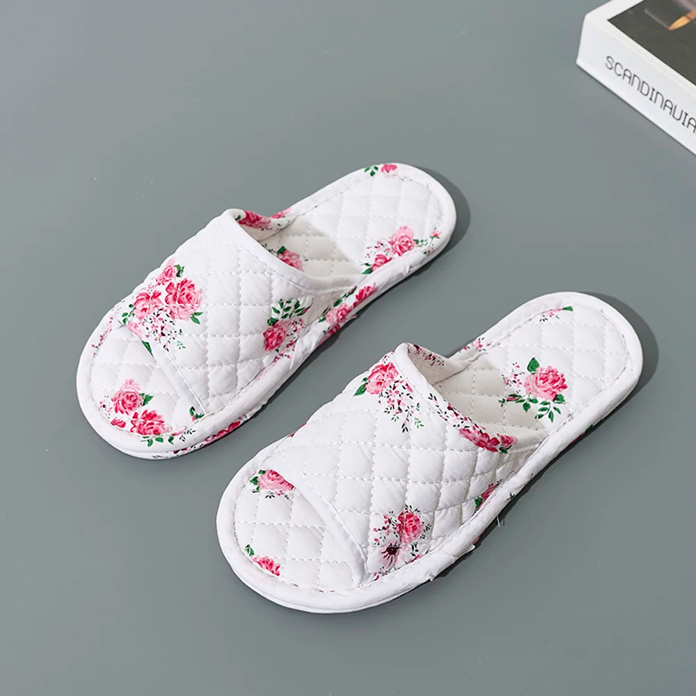 Women Home Slippers Soft Cotton Floral Floor Shoes Antislip Bedroom