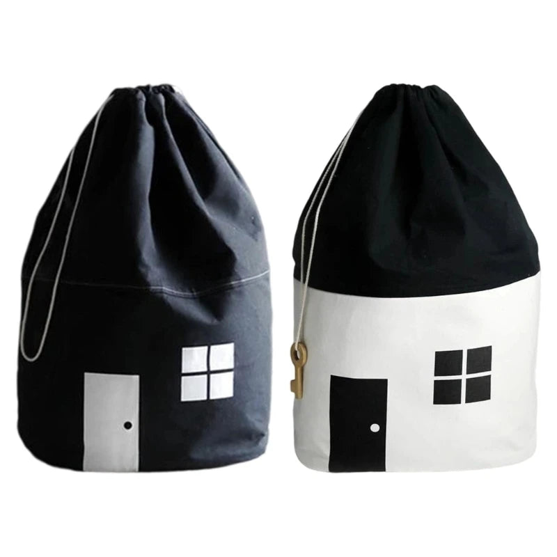 Drawstring Closure Cotton Toy Decorative House Pattern Kids Bedroom