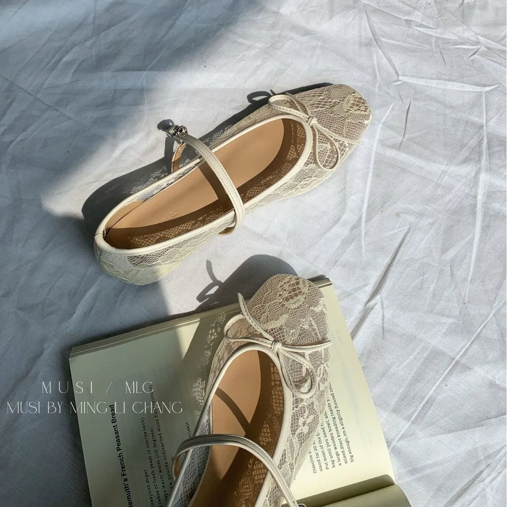 Flat Shoes for Women 2025 Casual Mesh Bow Lace New Breathable Hollow Shallow Mouth Flat Sole Shoes Mary Jane Shoes Ladies Zpaxo