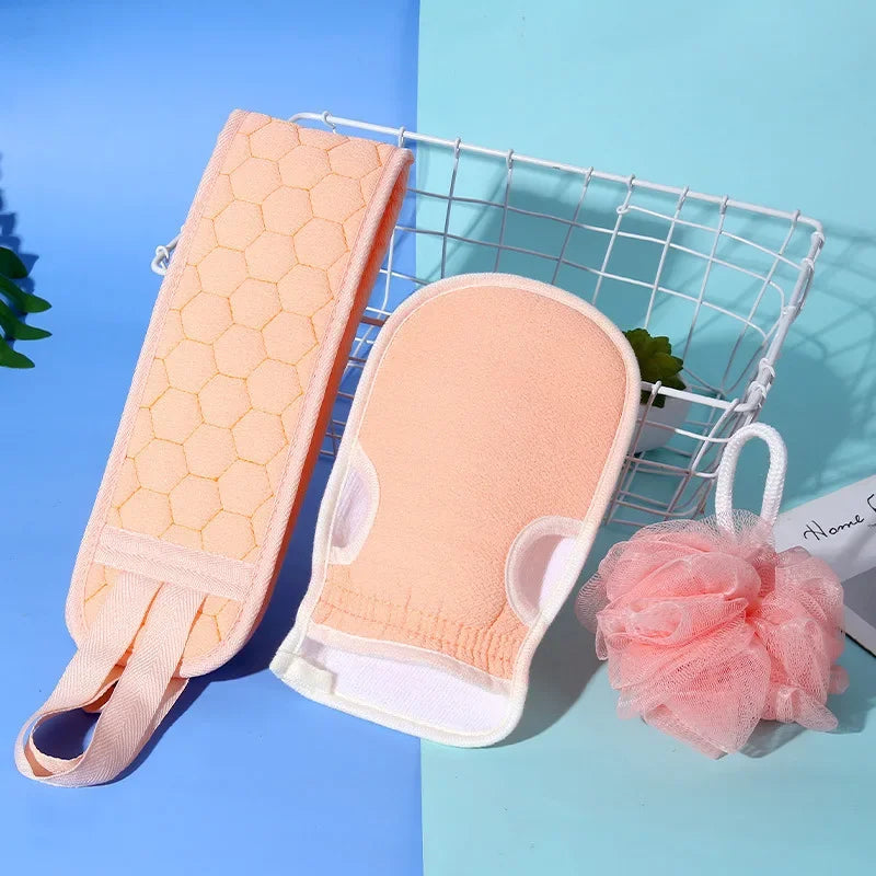 3pcs/set Bath Set Double-side Bath Towel Strong Rubbing Mud Glove Bath Towel Set Washing Towel Set Body Scrub Deep Cleaning Tool Zpaxo Pink