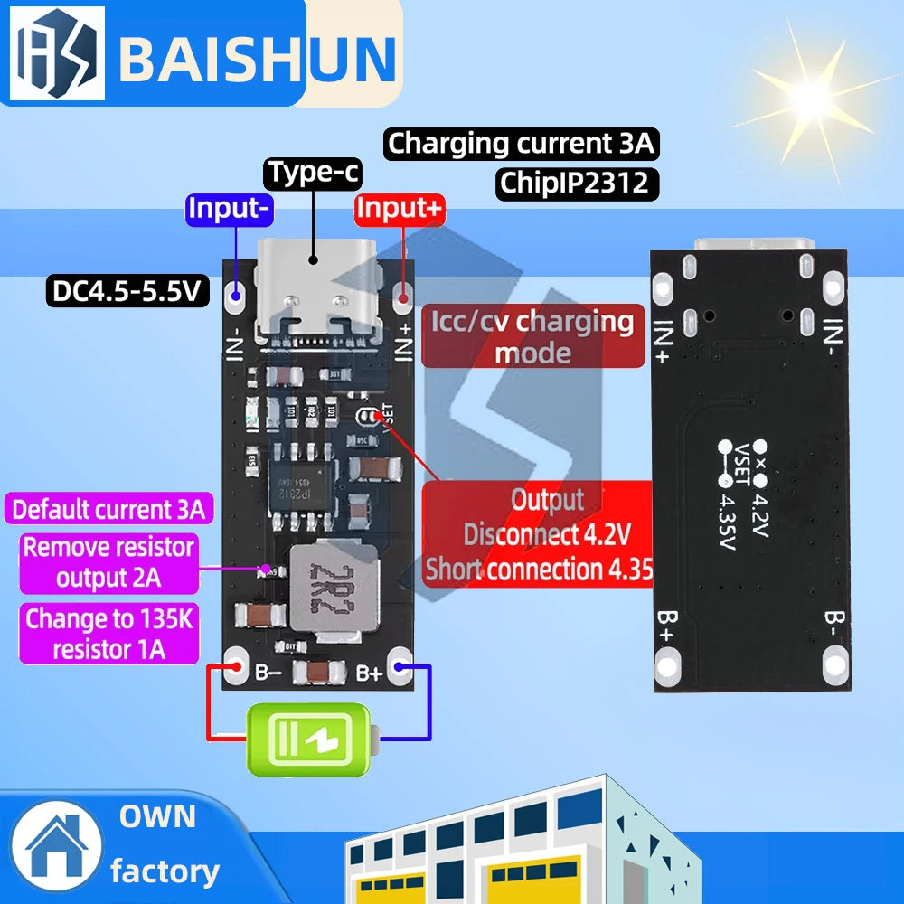 IP2312 CC/CV Mode Fast Charging Board - Type-C USB Input, 3A High-Current for 5V to 4.2V Polymer/Ternary Lithium Batteries Zpaxo IP2312 10pcs