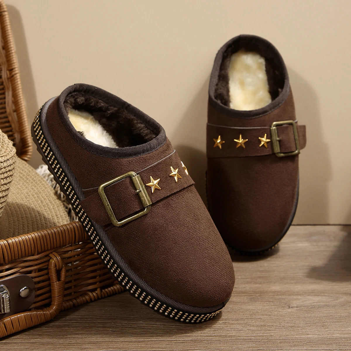 Couple Flannel Sandals Comfortable Non-slip Wear-resistant Slides Zpaxo Brown 37