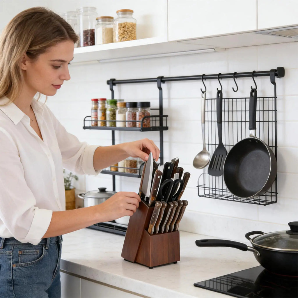 Kitchen Cutter Holder 14-Slot Wooden Organizer Cutter Holders For Counter Top For Kitchen Scissor Sharpenner Counter Top Home Zpaxo