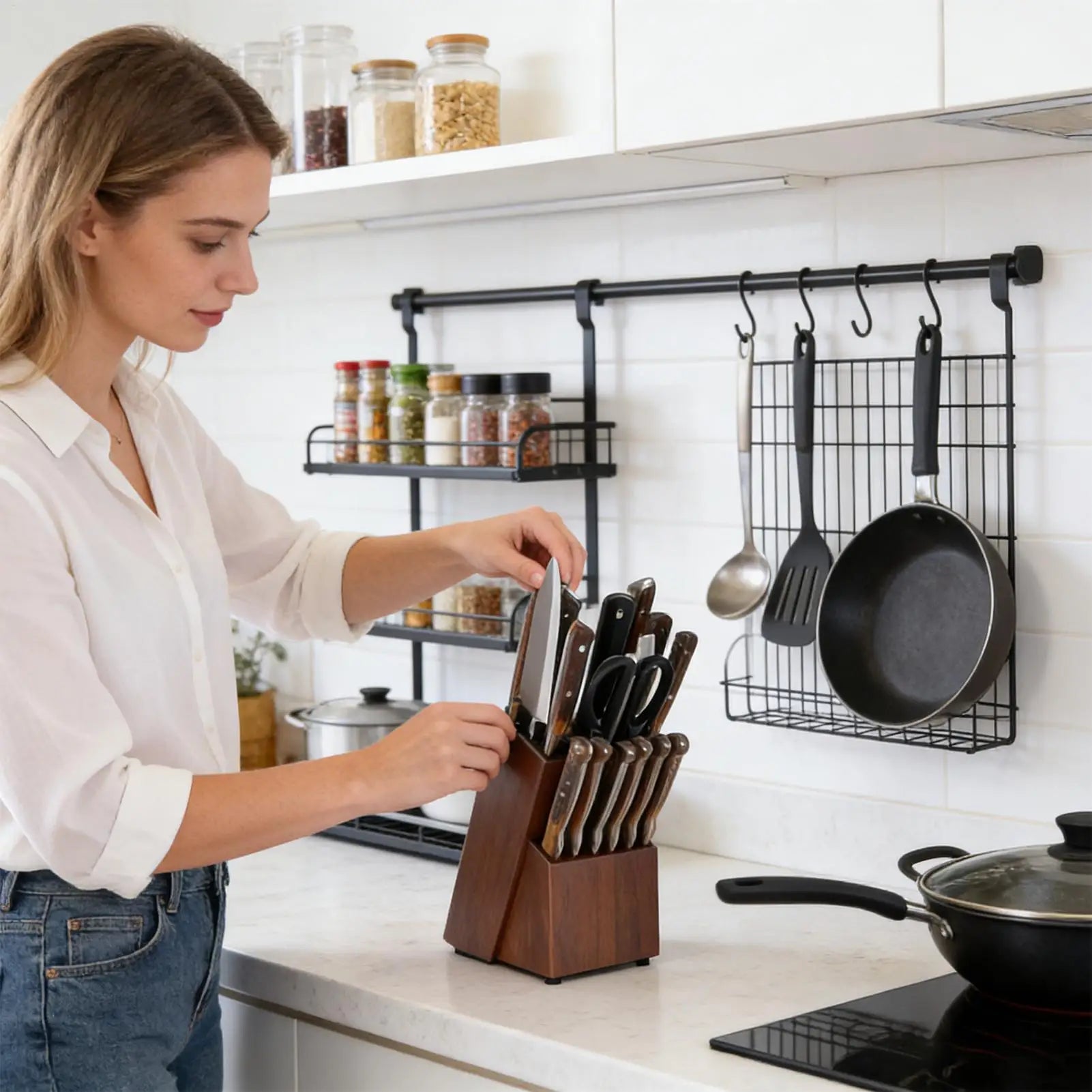 Kitchen Cutter Holder 14-Slot Wooden Organizer Cutter Holders For Counter Top For Kitchen Scissor Sharpenner Counter Top Home Zpaxo