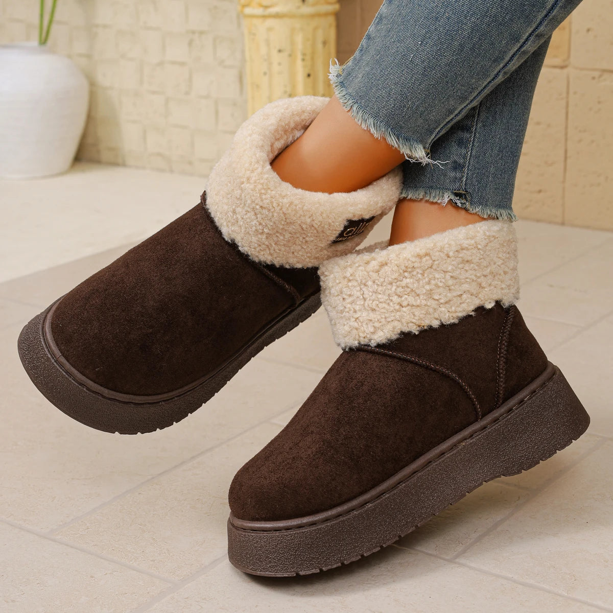 Women Ankle Boots Winter Fleece Lined Plush Cotton Shoes Fashionable Thick Bottom Short Snow Boots Women Casual Round Toe Shoes Zpaxo Coffee color 36