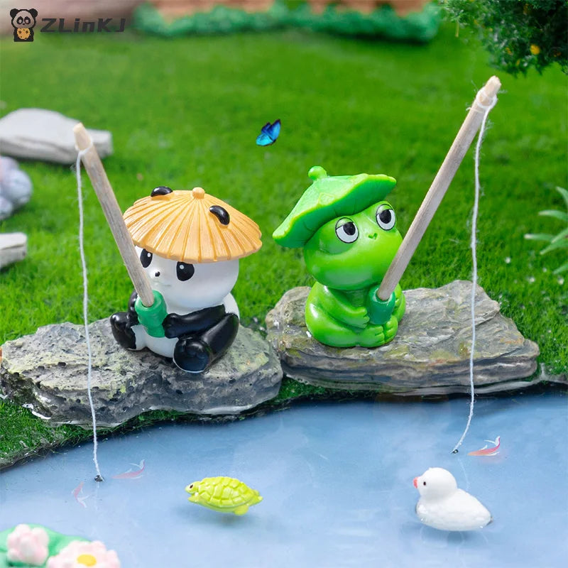 ▶Fishing Frog Panda Figurines Ornament Creative Cartoon Animal Figure Doll Fish Tanks Aquarium Hangable Decor Desktop Decoration Zpaxo