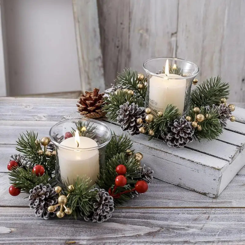 Christmas Candle Holder Candlestick Wreath Artificial Cherry Pinecone