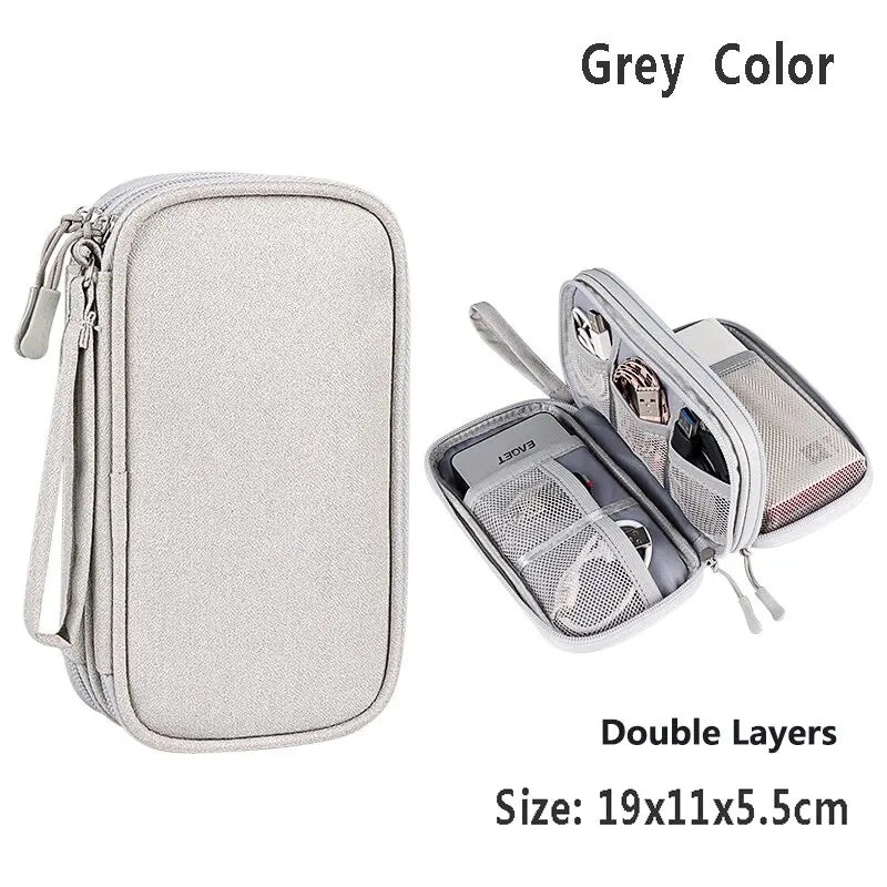 Electronics Organizer Bag Waterproof Carrying Pouch Travel Bags Universal USB Charging Cable Management Storage Bag Accessories Zpaxo Gray Double layer