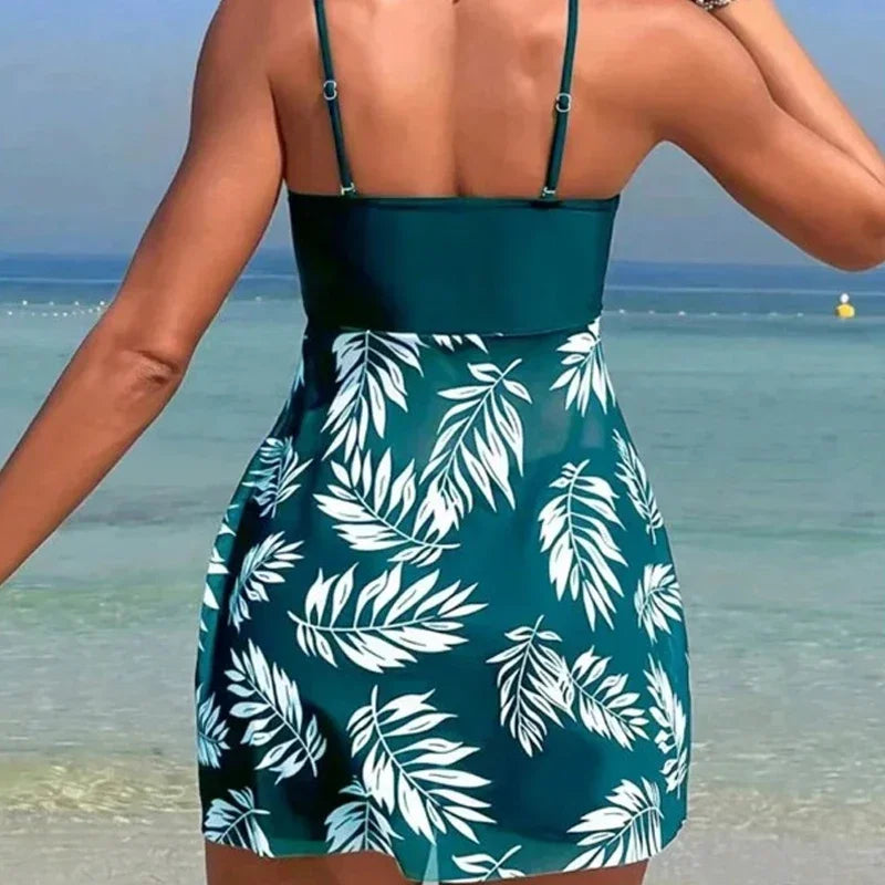 Women's High Waist Bandeau Bikini Set – Mesh Print Beach Dress