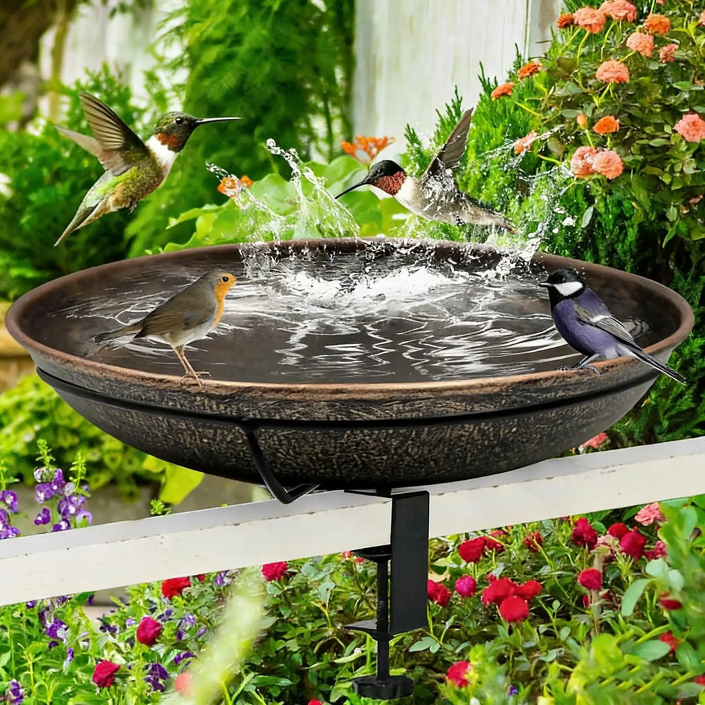 Bird Bath with Adjustable Clamp Retro Garden Decor Bird Bath Feeder for Railing for Outdoor Garden Patio Backyard Railing Fence Zpaxo