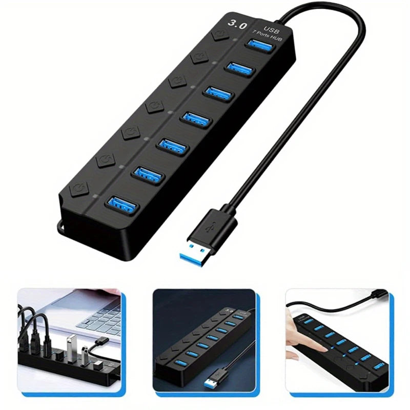 4 In 1 USB Hub 7 Port USB 3.0 Hub Splitter With Individual On/Off Switches For MacBook Laptop PC Computer Flash Drive Mobile HDD Zpaxo