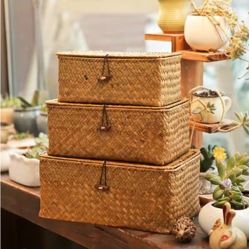 Handmade Wicker Rattan Storage Basket with Lid | Seagrass Wicker Storage Basket Zpaxo