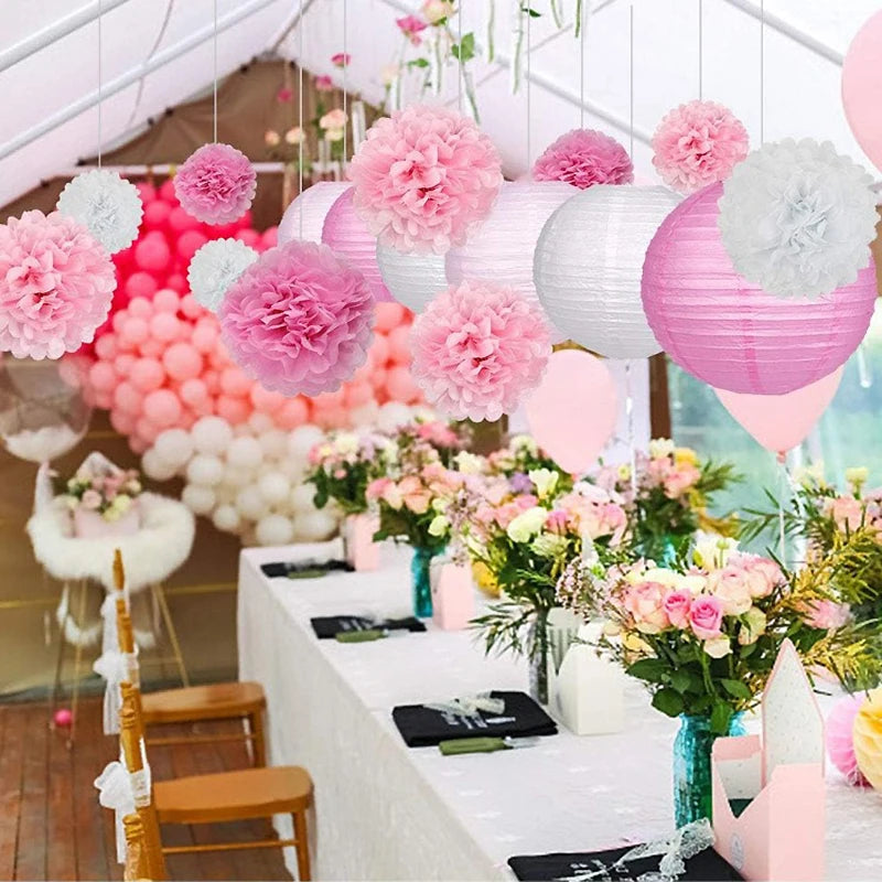 Pink White Paper Lanterns Tissue Pom Poms Bridal Shower Wedding