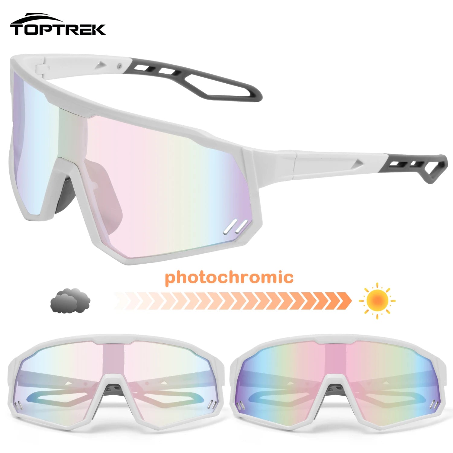 Toptrek Photochromic Cycling Sunglasses Men Women Outdoor Sport Running Bike Hiking Bicycle Eyewear MTB Baseball Glasses Goggles Zpaxo 03 White Pink