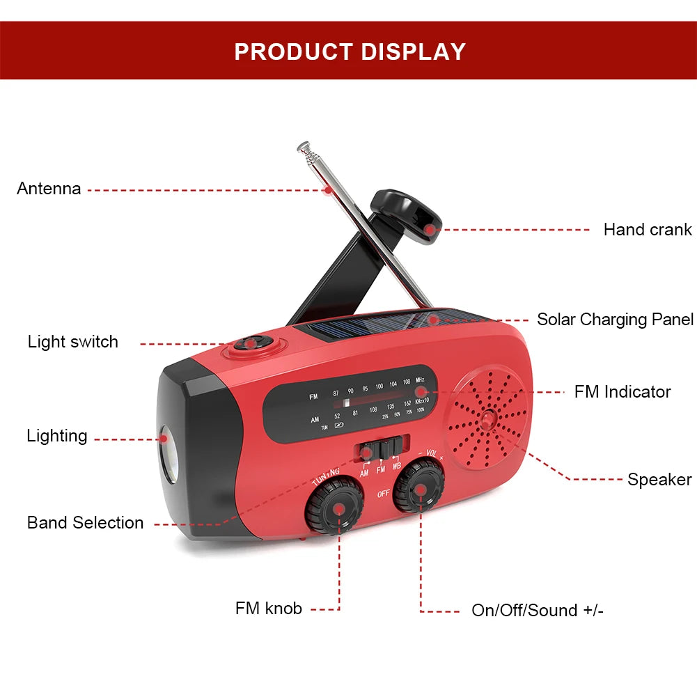 2000mAh Portable Solar Hand Crank Radio Multifunctional USB FM AM WB