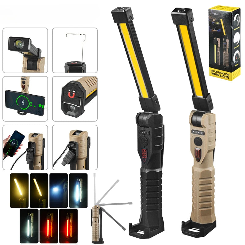 Foldable Magnetic COB LED Work Light – 7 Modes, Type-C Rechargeable