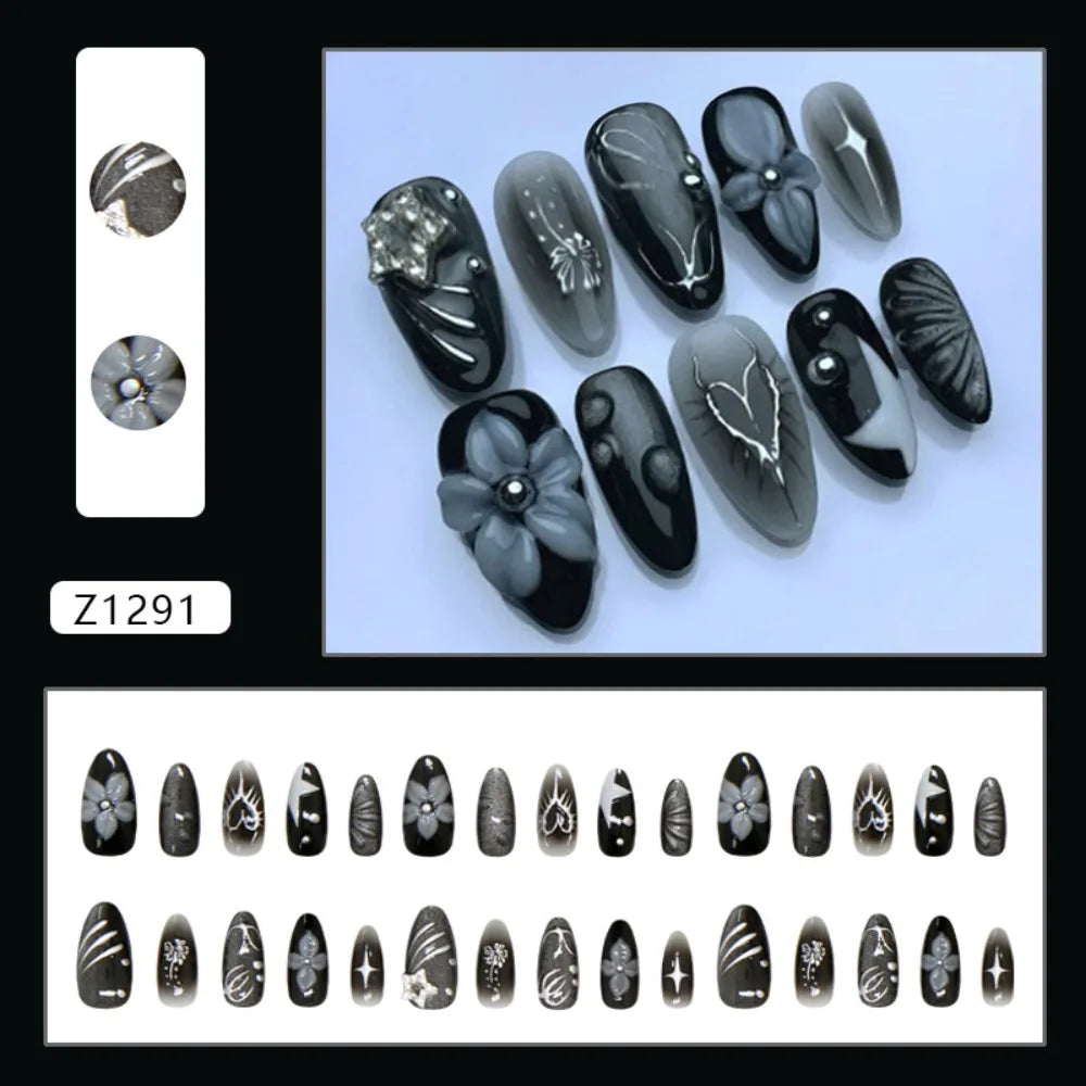 Manicure Long Almond False Nails French Flowers Heart-shaped Stripes Zpaxo Red