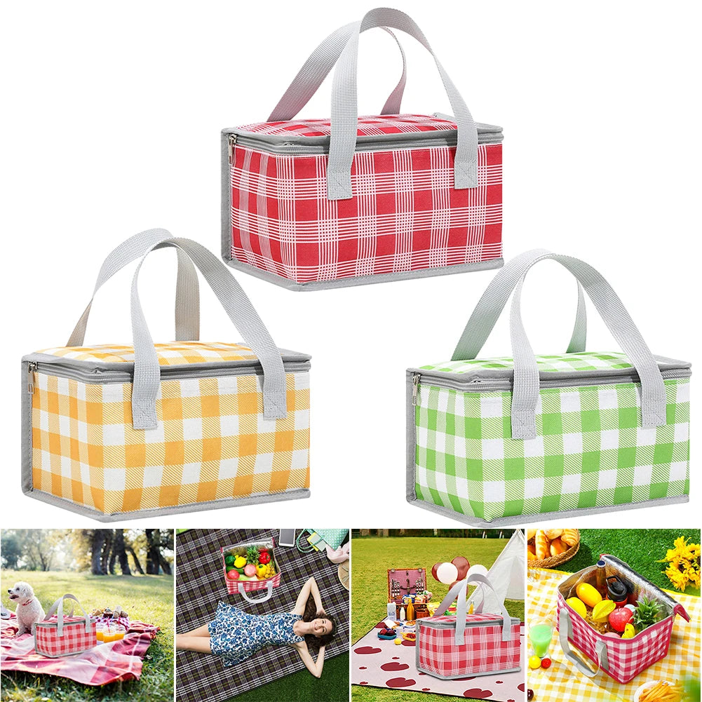 Insulated Picnic Bag Dual Zippers Camping Lunch Waterproof Plaid Tote Zpaxo