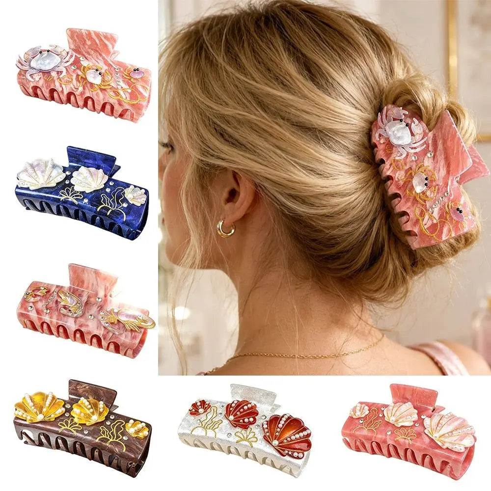 New Large Rhinestone Shell Hair Claw Acrylic Geometric Pattern Hair Claw Clips Ocean Series Pearl Shell Hair Clip Beach Zpaxo