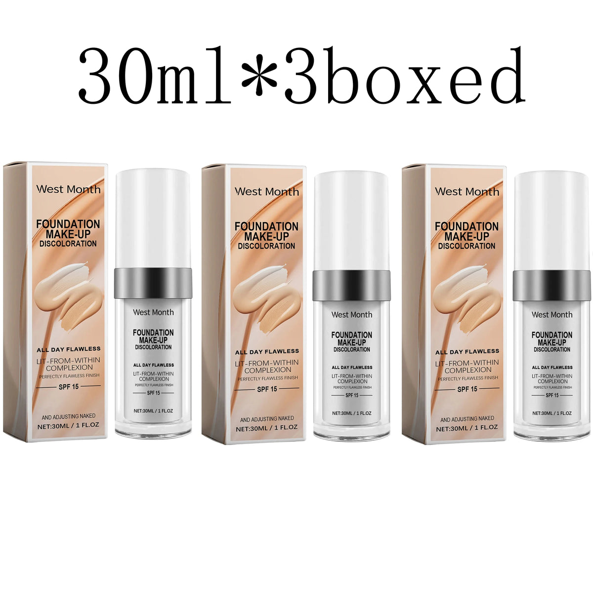 West Month Color Changing Foundation Long Lasting Waterproof Oil Control Matte Finish Makeup Foundation Full Coverage Concealer Zpaxo 30ml boxed X 3pcs