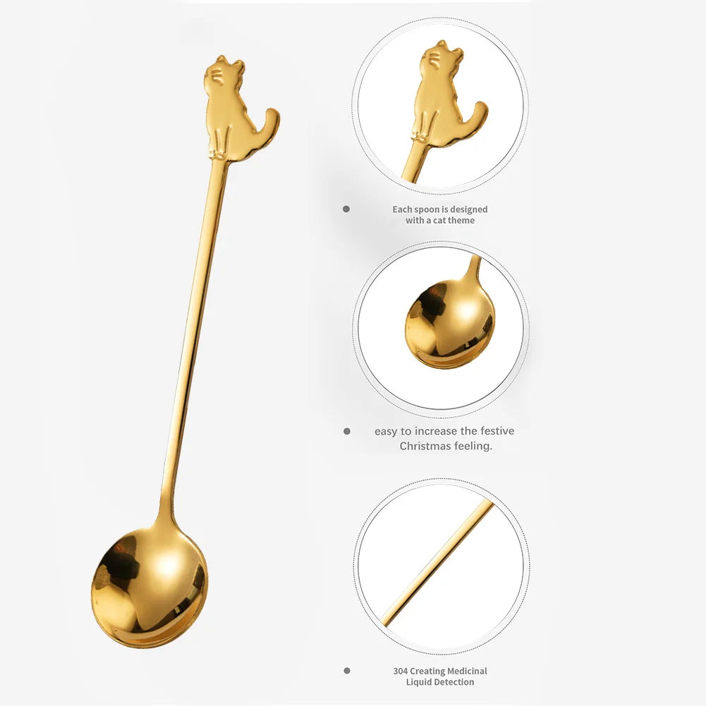 5- Stainless Steel Coffee Spoon Cute Cat Shape Teaspoon Dessert Snack