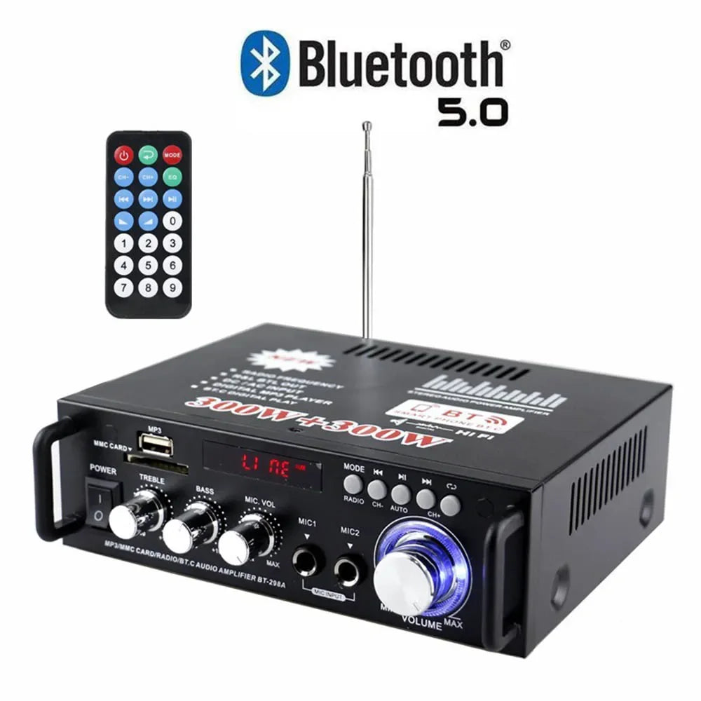 600W Power Amplifier 220V 2CH LCD Display HIFI Audio Stereo Power Amplifier BT 5.0 FM Radio with Remote EU/US Plug Zpaxo