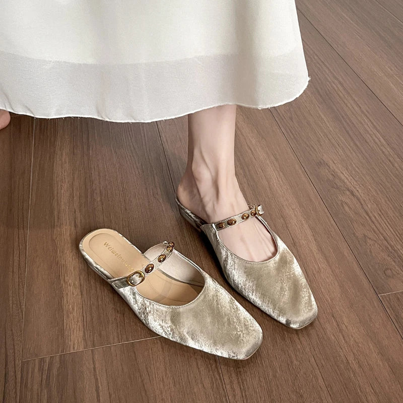Women Square Toe Mule Shoes Summer Closed Slide Sandals Outdoor Zpaxo