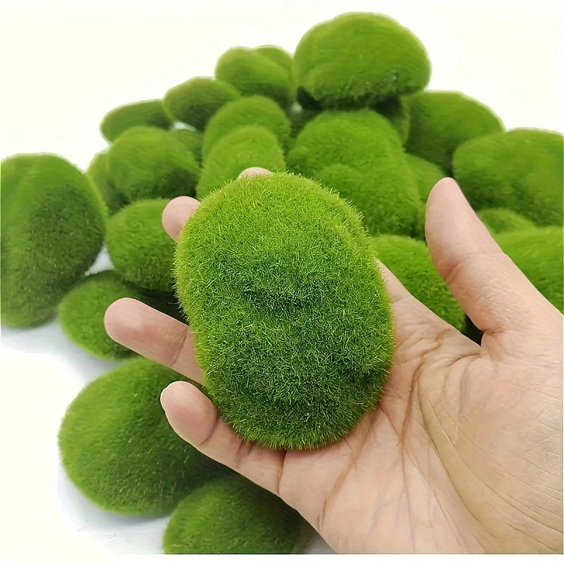 3 Artificial Moss Rocks Decorative Green Covered Stones Fake Decor