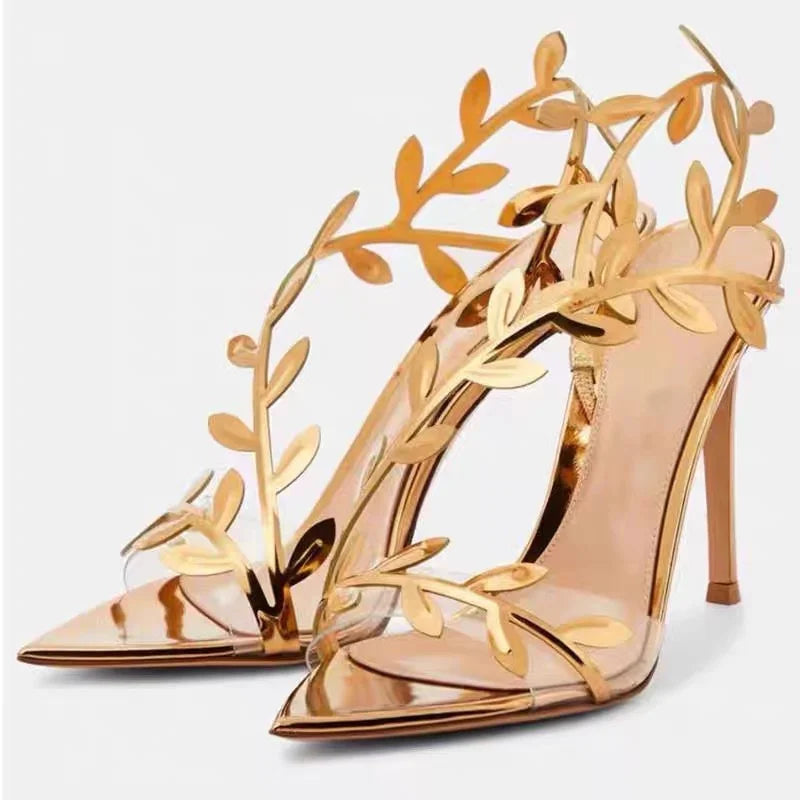 Golden Branch Jade Leaves Heel Sandals Non-slip Thin Pointed Toe Gold Zpaxo
