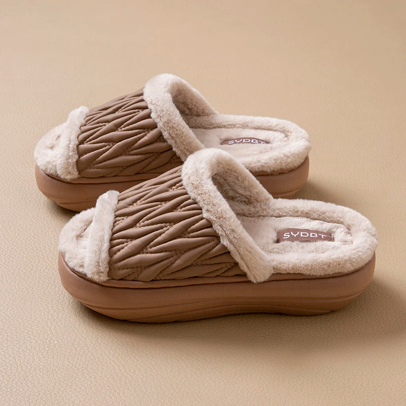 Winter Quilted Furry Open Toe Slippers Unisex Men Women Thick Sole
