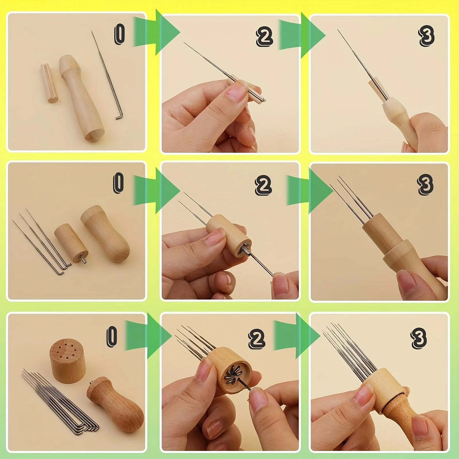 Needle Felting Metal Tool 3 Sizes Wooden Handles 12 Needles Finger
