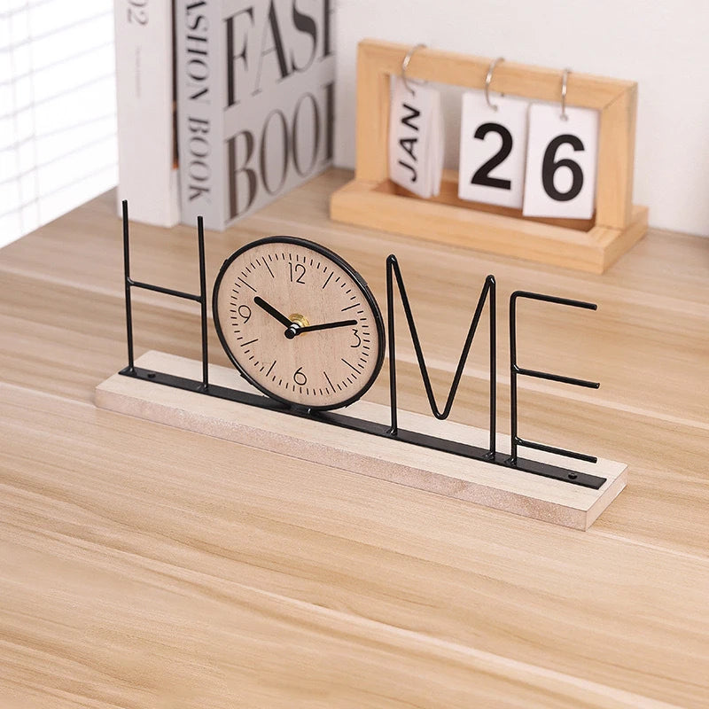 Nordic LOVE HOME Wrought Iron Wooden Table Clock Modern Letter Desk