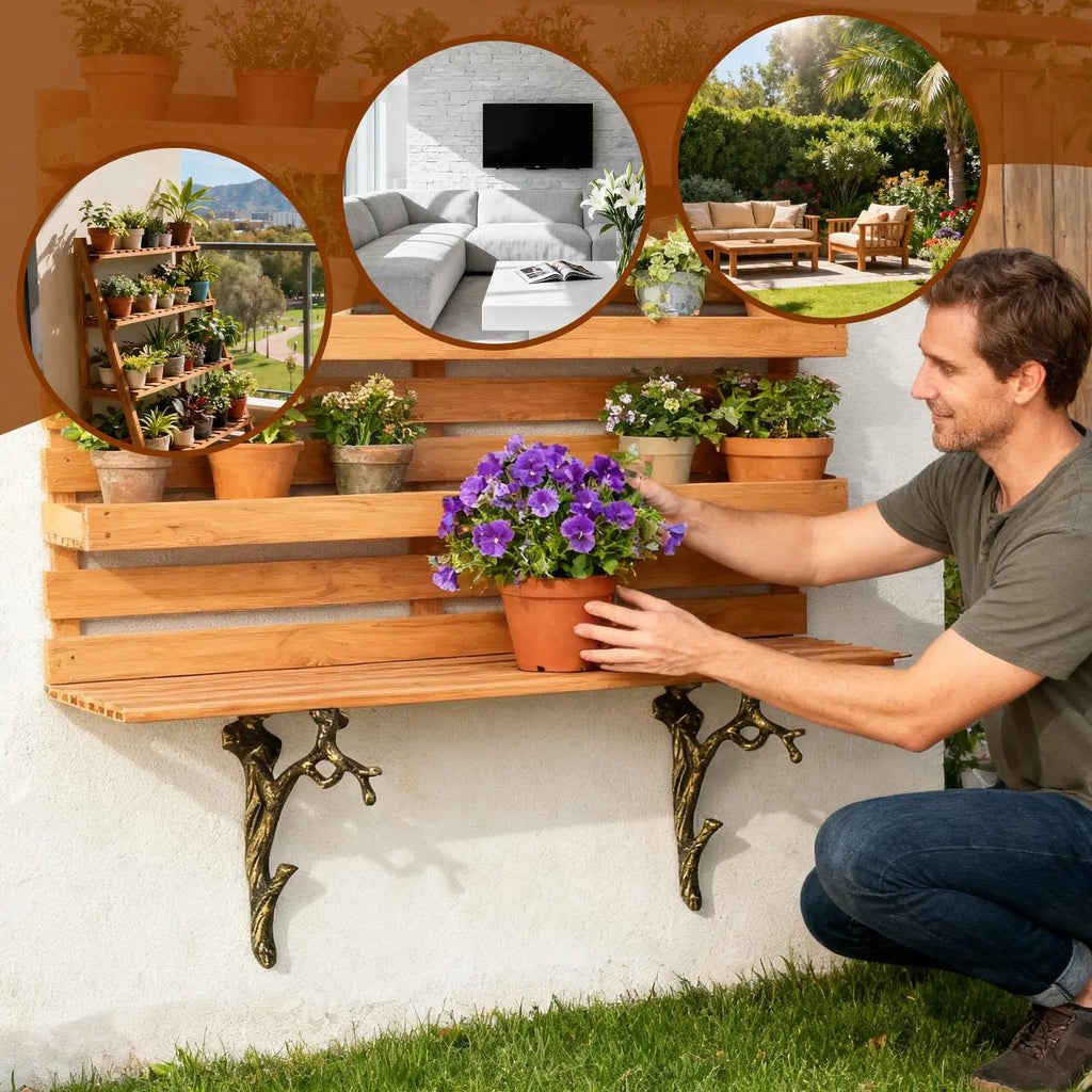 Floating Shelf Bracket Branch Wall Mounted Stand 2 Wood Shelves