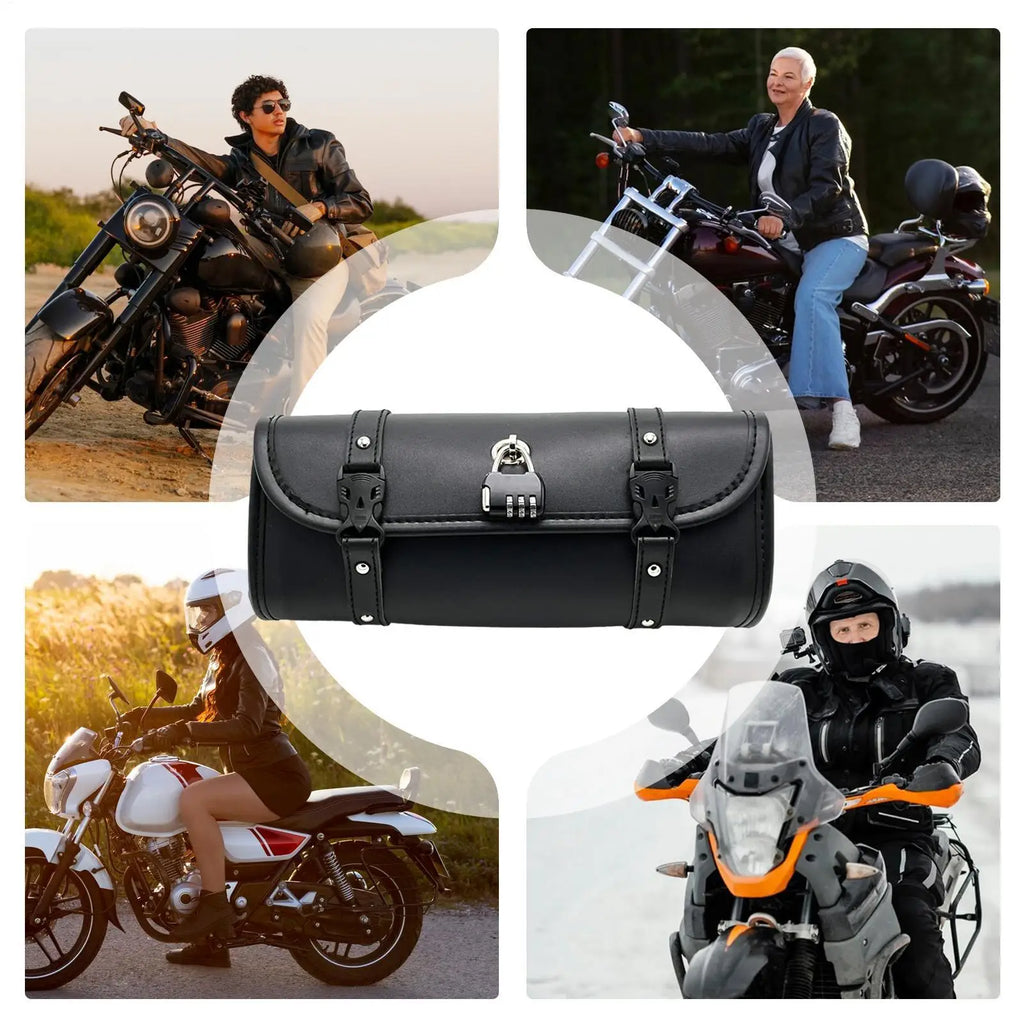 Motorcycle Tool Bag Barrel Handlebar Lock Waterproof PU Leather Cool