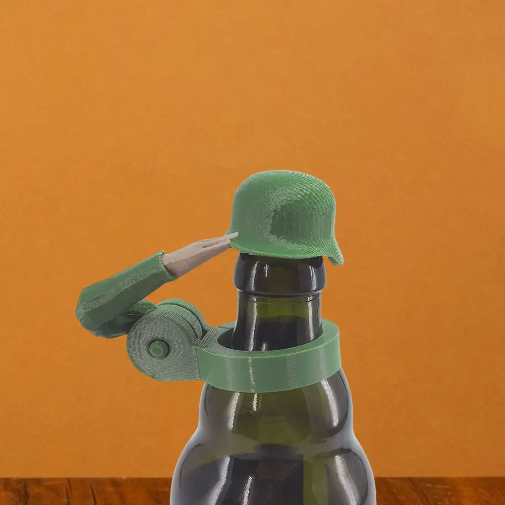 1- Soldier Salute Beer Bottle Helmet Dustproof Topper Creative Cap Zpaxo