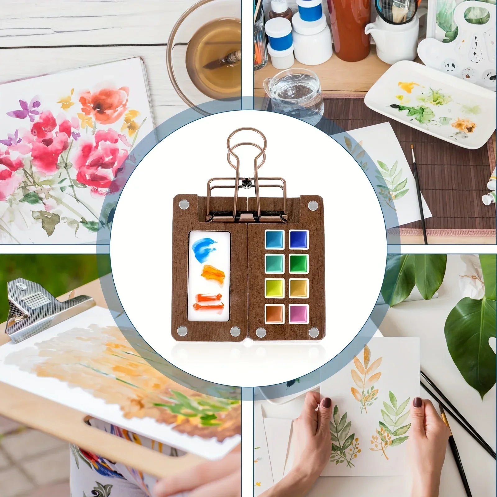 Mini Wooden Watercolor Palette Set – 8/15 Grid with Brushes