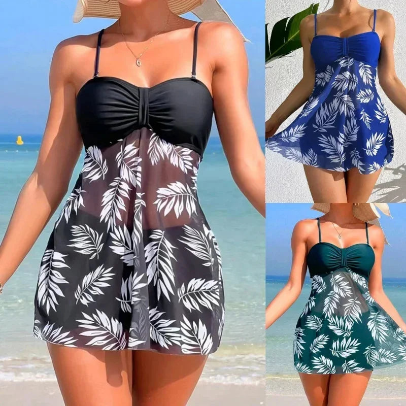 Women's High Waist Bandeau Bikini Set – Mesh Print Beach Dress