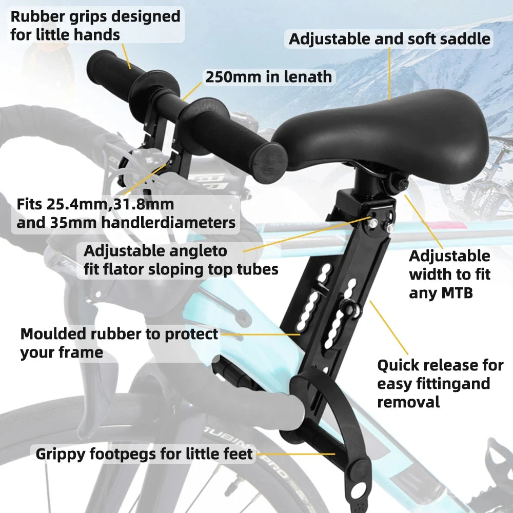 Adjustable Kids Front Bike Seat Universal Child Safety Saddle with Handlebar Pedals Quick Release Mount Parent-Child Cycle Seat Zpaxo