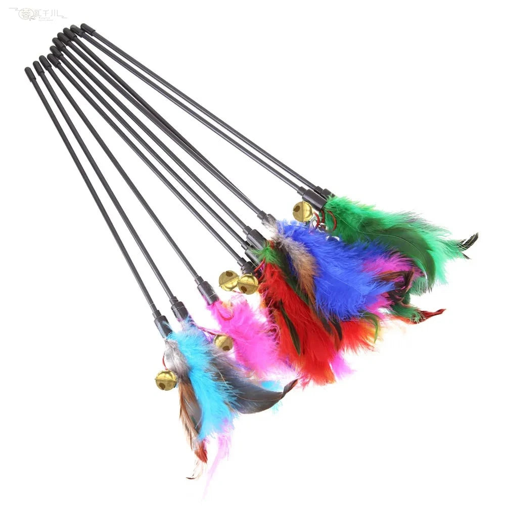 Cat Interactive Wand Colorful Feather Chicken Stick Bell Portable