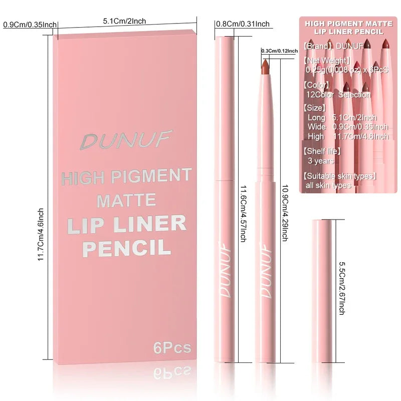 6pcs/Set Lip Liner Pen Set Long-Lasting, Waterproof Sweatproof, Easy Coloring Non-fading Color Rendering Lip Gloss Beauty Makeup Zpaxo