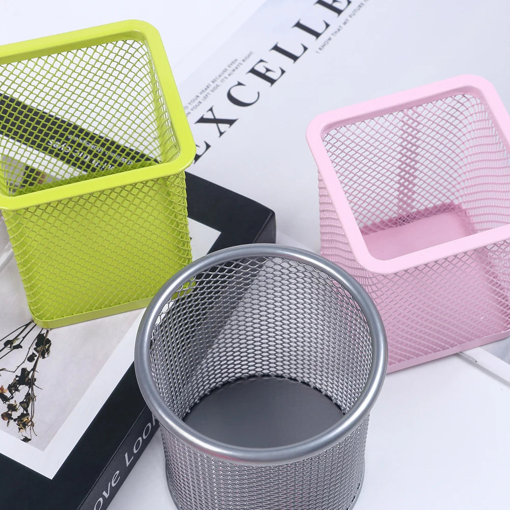 Round Square Pen Holder Desk Metal Mesh Pen Pot Case Pen Container for Student Office Desktops Zpaxo
