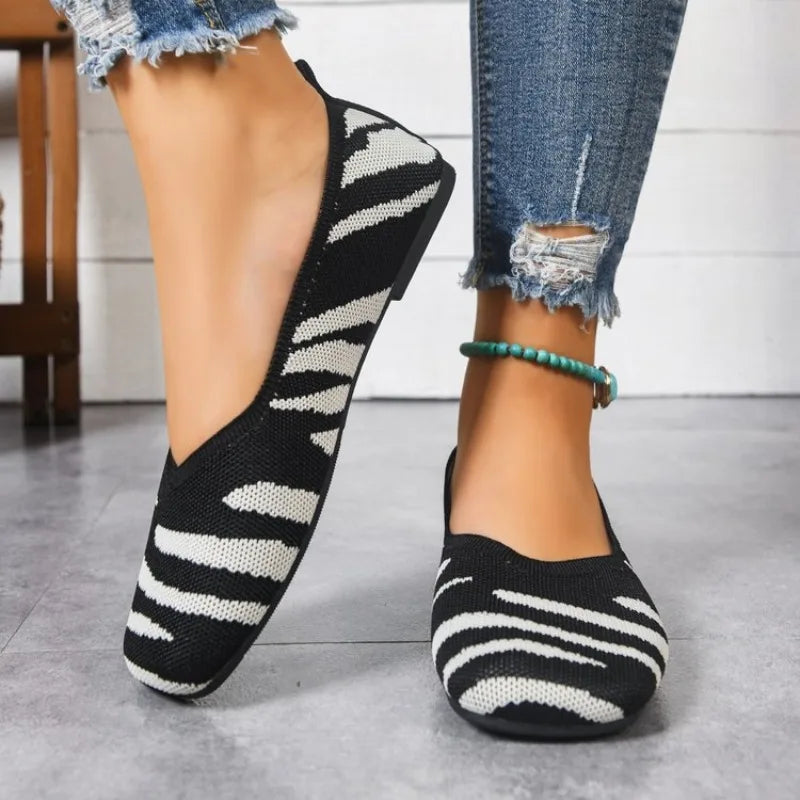 2026 Spring Autumn Square Toe Flat Office Boat Solid Knitted Slip