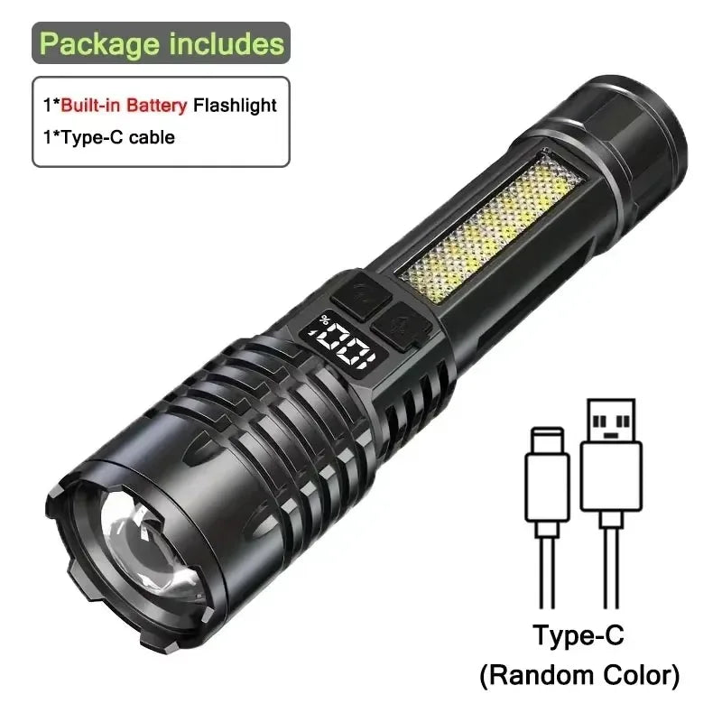High Power LED Flashlight Type-C Rechargeable Waterproof Torch with COB Side Light Zoom Portable Camping Hiking Lamp Zpaxo 1PCs Black