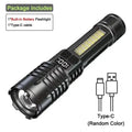 High Power LED Flashlight Type-C Rechargeable Waterproof Torch with COB Side Light Zoom Portable Camping Hiking Lamp Zpaxo 1PCs Black