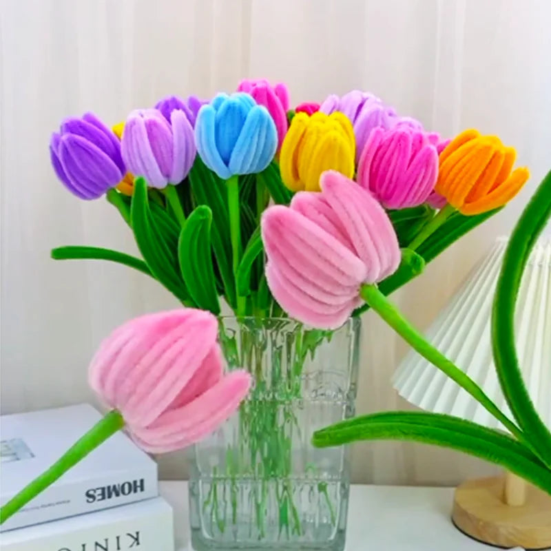 Twisted Rod Bouquet Tulip Handmade Plush Flower Pipe Cleaner Craft Zpaxo Random color 8pcs