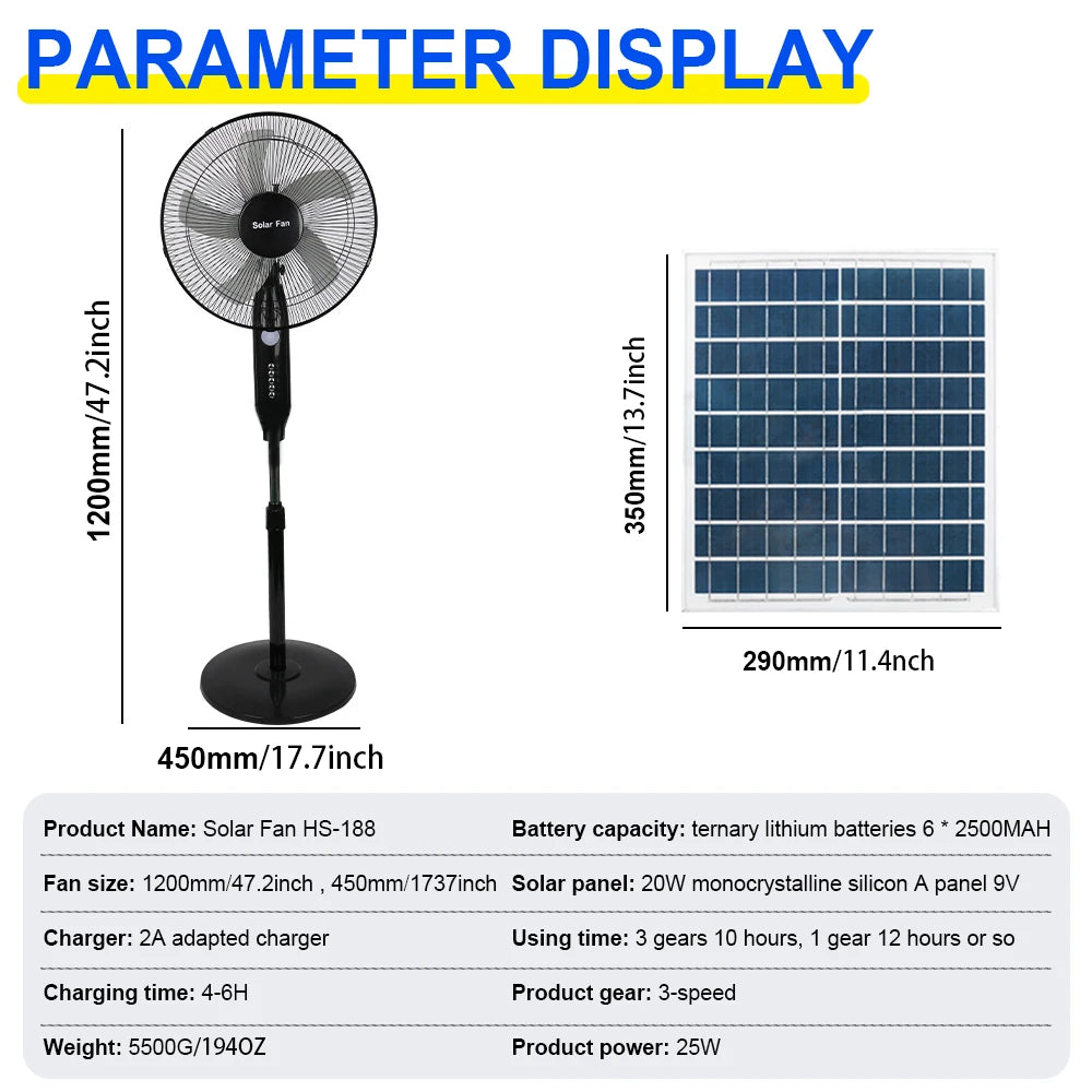 Solar Powered Floor Fan10 12H Runtime3 Speed Adjustable Portable Fan