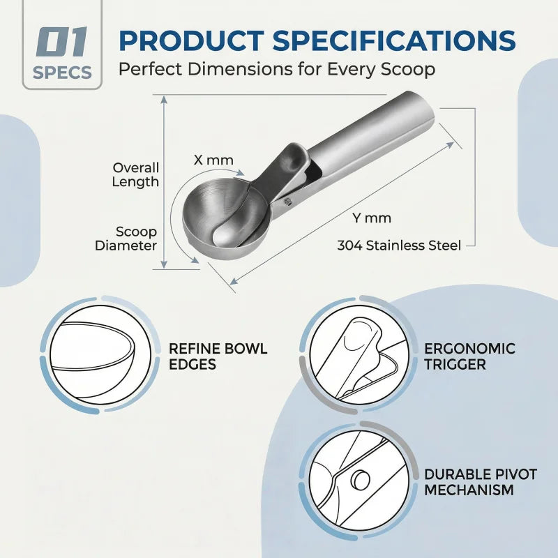 Stainless steel ice cream scoop with trigger for non-adhesive smooth scooping of frozen yogurt, fruit, melon balls, kitchen util Zpaxo