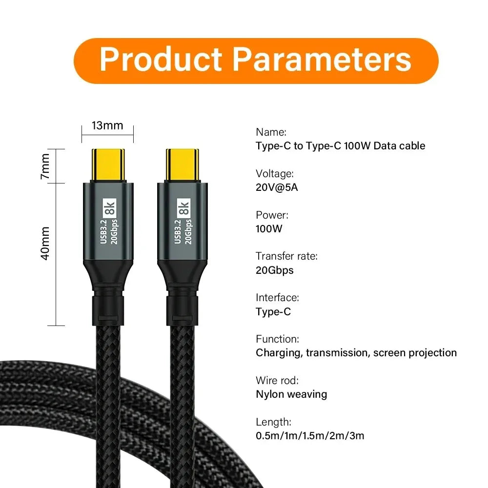 PD 100W USB-C Cable | USB 3.2 Gen 2 | 8K 60Hz | MacBook iPad USB-C Cable Zpaxo