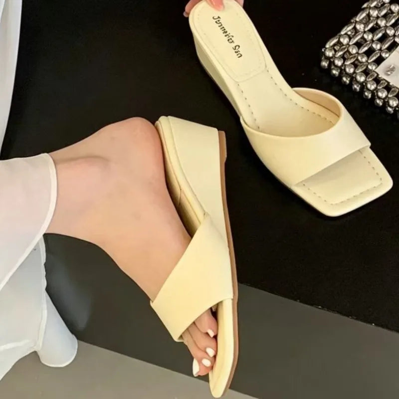 Women's Comfortable Square Open Toe Solid Elegant Wedge Heel Slippers Zpaxo light yellow 40