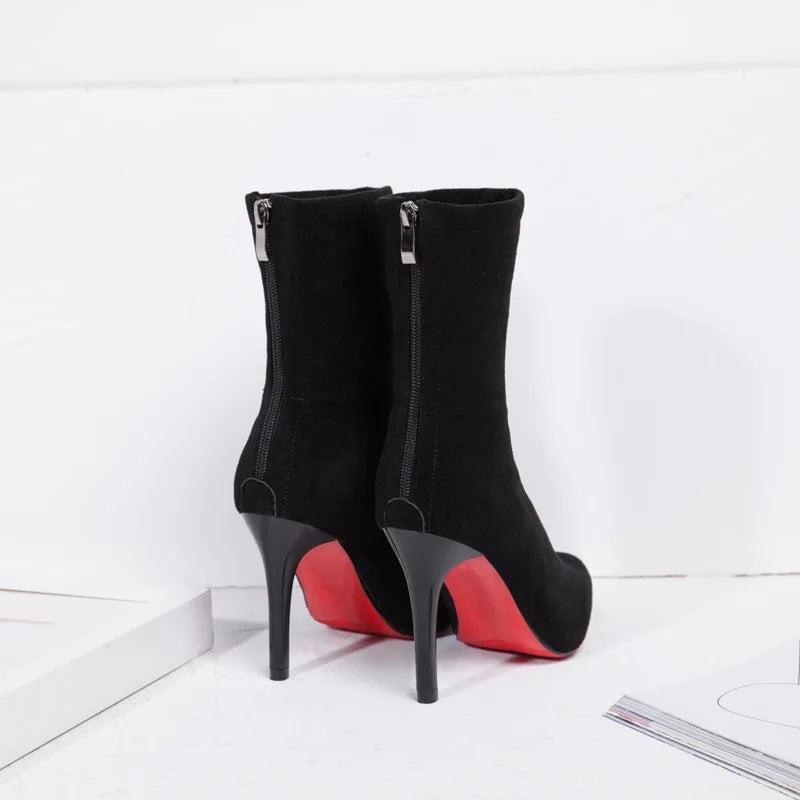 2023 Autumn Winter Heel Velvet Short Boots Pointed Toe Solid Thin Zpaxo